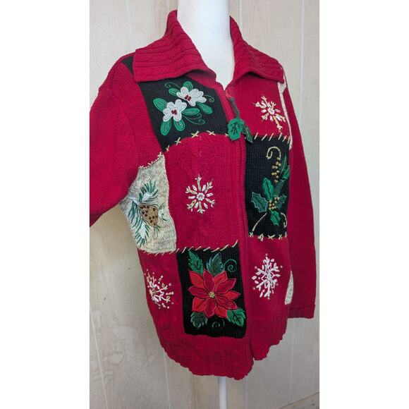 Vintage Tiara International red beaded holiday Christmas sweater cardigan size M - Picture 2 of 10